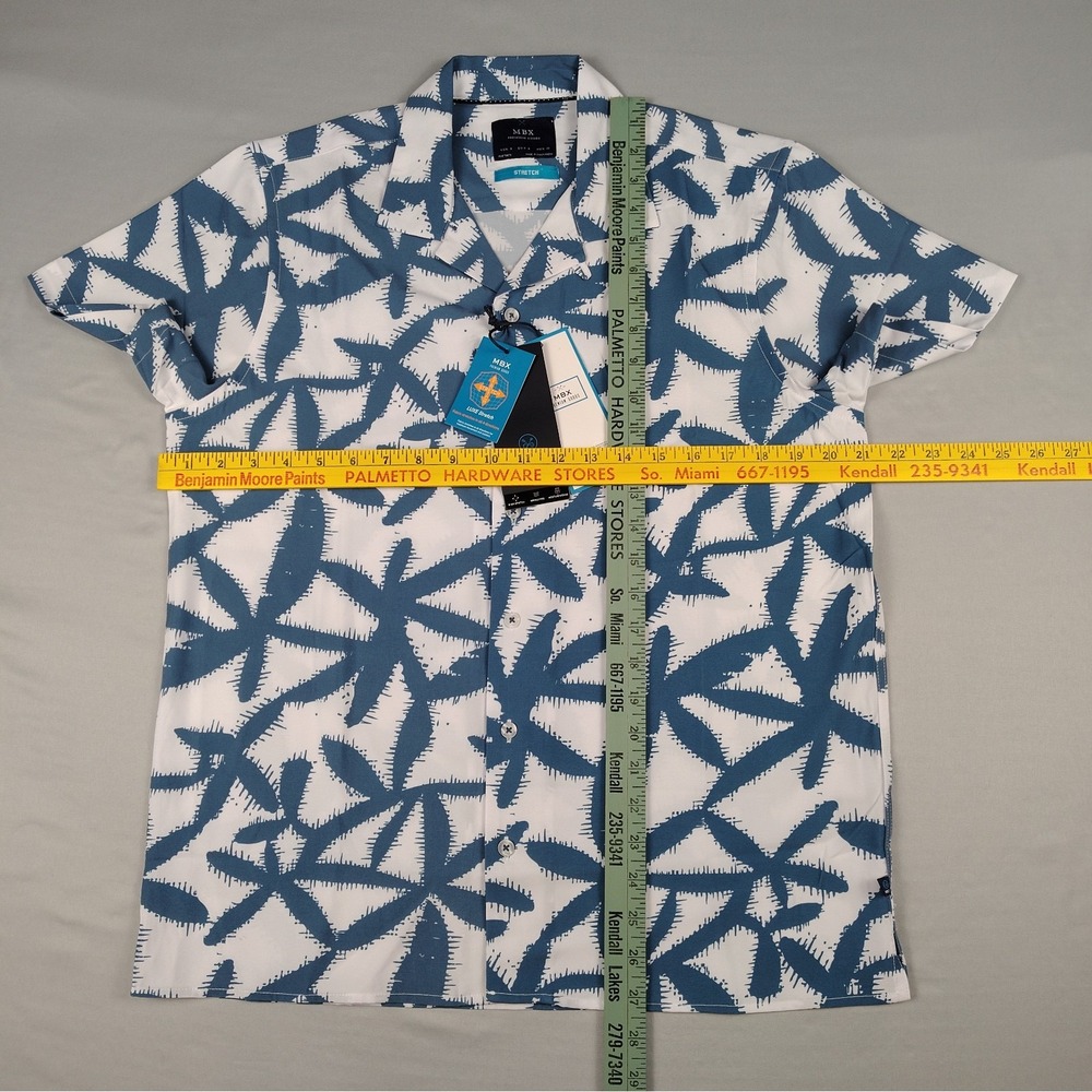 MBX Premium Goods Mens S NWT Camp Shirt Blue White Tropical Palm Leaf Stretch - Picture 9 of 15